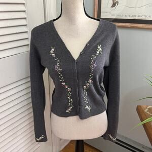 Vintage Shu Shu Sweater Womens Medium Gray Cardigan Embroidered Dainty Y2K Twee